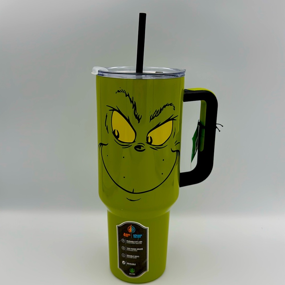 Dr Seuss Grinch Tumbler 40oz Green Stainless Steel Handle‎ Straw NWT